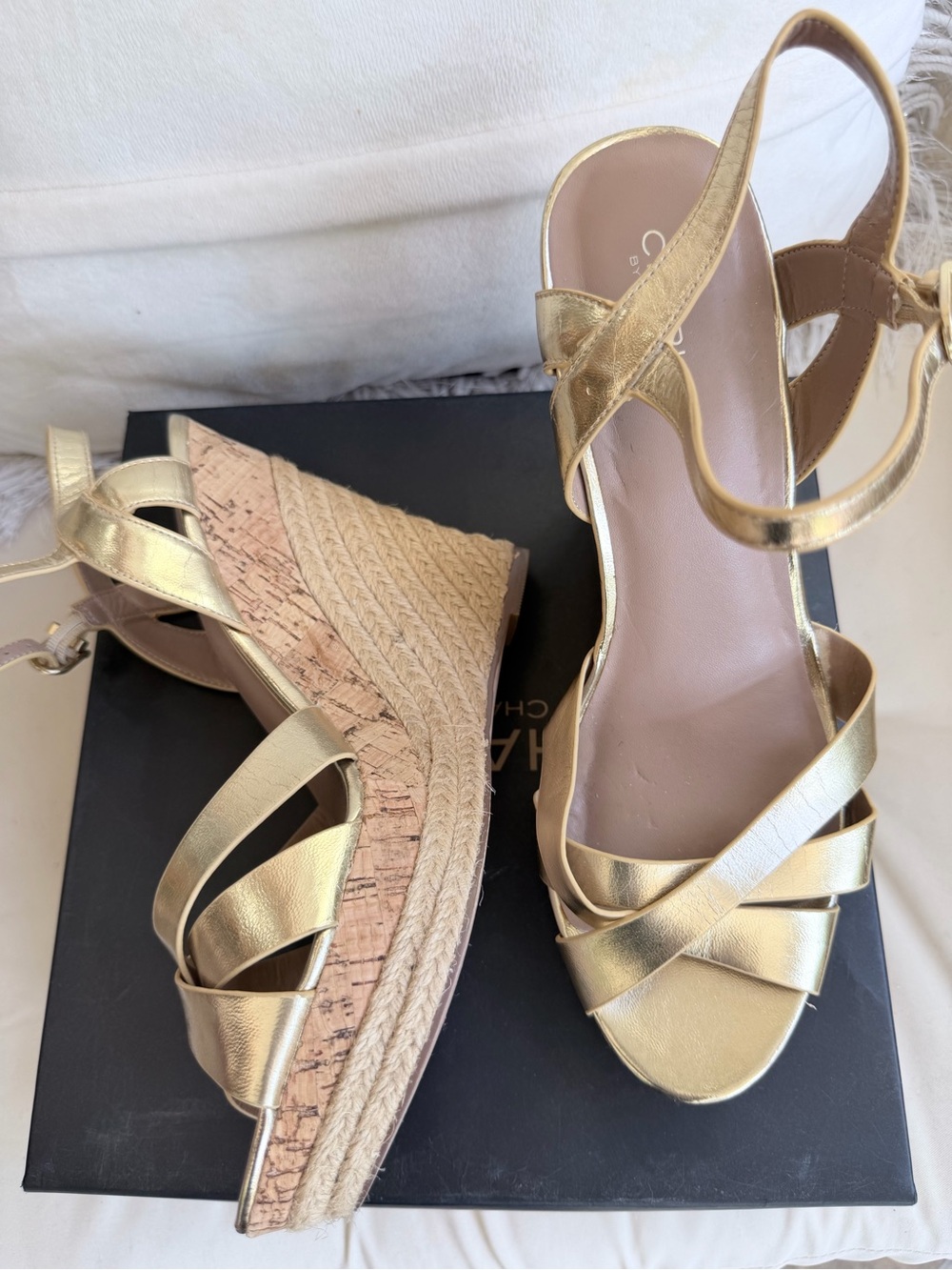 Charles David Metallic Gold Braided Espadrille Wedges with Ankle Wrap 10 - Picture 5 of 10